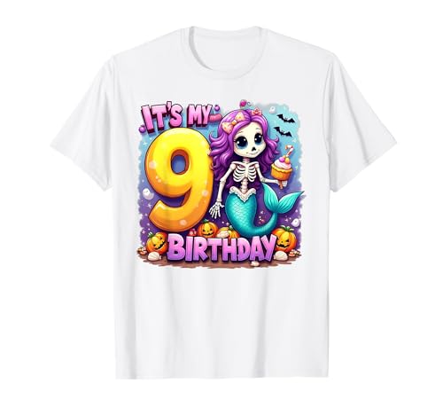 Kids It's My 9th Birthday Girl Halloween Mermaid Skeleton T-Shirt von Halloween 9th Birthday Girl Mermaid Costume