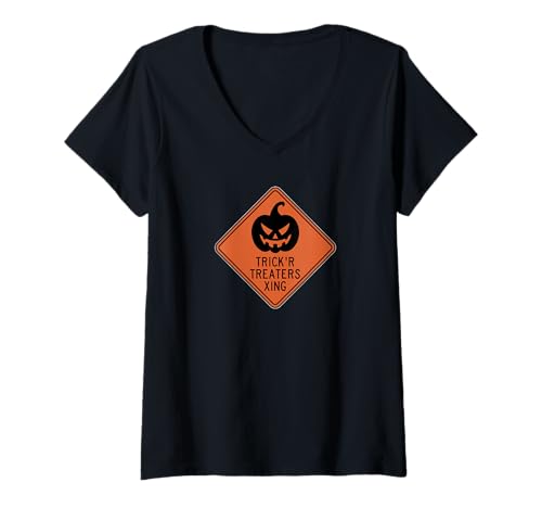 Damen Kürbis-Straßenschild Trick Or Treat T-Shirt mit V-Ausschnitt Damen Kürbis-Straßenschild Trick Or Treat T-Shirt mit V-Ausschnitt von Halloween Ahead