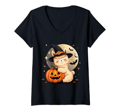 Damen Halloween Alpaka Hexenhut Kürbis Gruselig T-Shirt mit V-Ausschnitt Damen Halloween Alpaka Hexenhut Kürbis Gruselig T-Shirt mit V-Ausschnitt von Halloween Alpacas Pumpkins Bats Costumes Tees