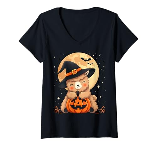 Damen Halloween Alpaka Hexenhut Kürbis Gruselig T-Shirt mit V-Ausschnitt Damen Halloween Alpaka Hexenhut Kürbis Gruselig T-Shirt mit V-Ausschnitt von Halloween Alpacas Pumpkins Bats Costumes Tees