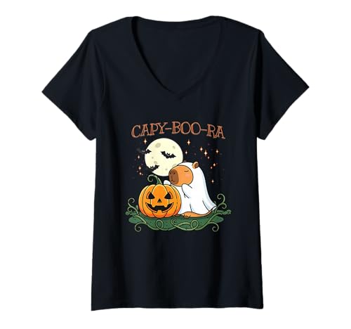 Damen Capy-Boo-Ra Capybara Ghost Jack-o-Lantern Kürbis Halloween T-Shirt mit V-Ausschnitt von Halloween Animal Outfits Girls Boys Kids