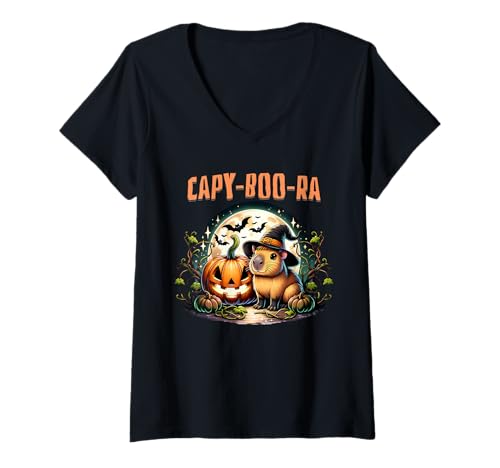 Damen Capy-Boo-Ra Capybara Hexe Jack-o-Lantern Kürbis Halloween T-Shirt mit V-Ausschnitt von Halloween Animal Outfits Girls Boys Kids