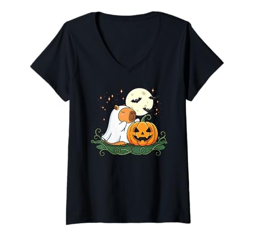Damen Capybara Ghost Jack-o-Lantern Kürbis Halloween Grafik T-Shirt mit V-Ausschnitt von Halloween Animal Outfits Girls Boys Kids