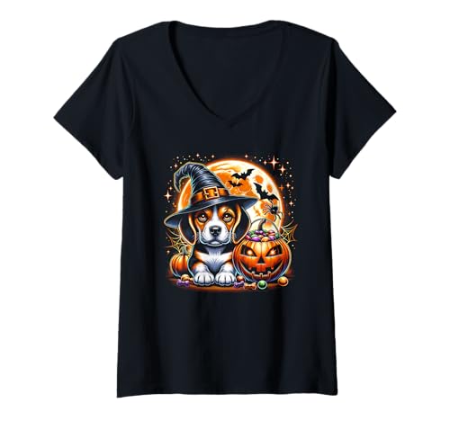 Damen Halloween Beagle Welpe Hund Hexe Mädchen Grafik T-Shirt mit V-Ausschnitt von Halloween Animal Outfits Girls Boys Kids