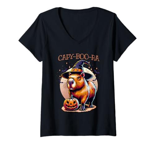 Damen Halloween Capybara Hexe Capy-Boo-Ra Jack-o-Lantern Kürbis T-Shirt mit V-Ausschnitt von Halloween Animal Outfits Girls Boys Kids