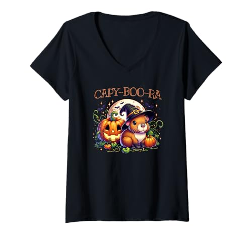 Damen Halloween Capybara Hexe Capy-Boo-Ra Jack-o-Lantern Kürbis T-Shirt mit V-Ausschnitt Damen Halloween Capybara Hexe Capy-Boo-Ra Jack-o-Lantern Kürbis T-Shirt mit V-Ausschnitt von Halloween Animal Outfits Girls Boys Kids