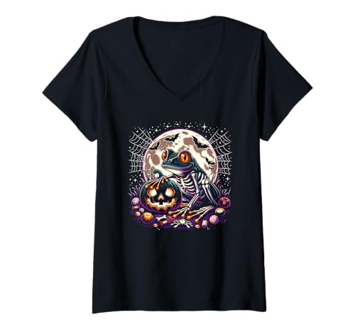 Damen Halloween Frosch Skelett Gruseliger Kürbis Jack o Laterne T-Shirt mit V-Ausschnitt Damen Halloween Frosch Skelett Gruseliger Kürbis Jack o Laterne T-Shirt mit V-Ausschnitt von Halloween Animal Outfits Girls Boys Kids