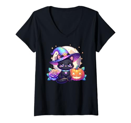 Damen Halloween Hexe Katze Kätzchen Niedliche Tier Mädchen Grafik T-Shirt mit V-Ausschnitt Damen Halloween Hexe Katze Kätzchen Niedliche Tier Mädchen Grafik T-Shirt mit V-Ausschnitt von Halloween Animal Outfits Girls Boys Kids