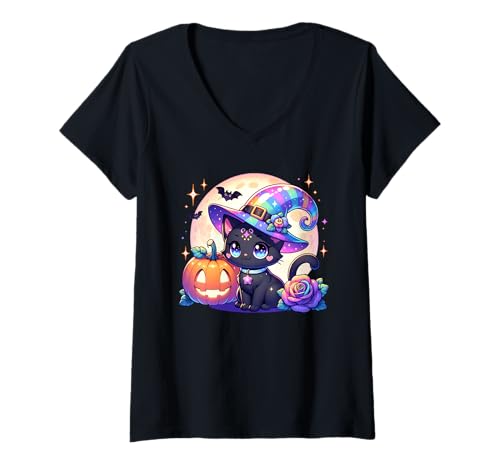 Damen Halloween Hexe Katze Kätzchen Niedliche Tier Mädchen Grafik T-Shirt mit V-Ausschnitt Damen Halloween Hexe Katze Kätzchen Niedliche Tier Mädchen Grafik T-Shirt mit V-Ausschnitt von Halloween Animal Outfits Girls Boys Kids