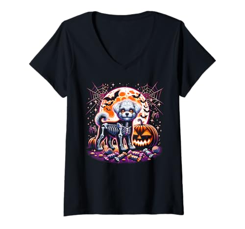 Damen Halloween Hund Skelett Faule Kostüm T-Shirt mit V-Ausschnitt von Halloween Animal Outfits Girls Boys Kids