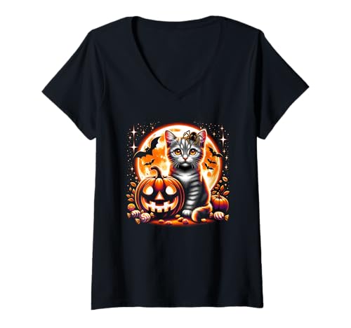 Damen Halloween Katze Kätzchen Gruseliger Kürbis Jack o Laterne Cute Girl T-Shirt mit V-Ausschnitt Damen Halloween Katze Kätzchen Gruseliger Kürbis Jack o Laterne Cute Girl T-Shirt mit V-Ausschnitt von Halloween Animal Outfits Girls Boys Kids