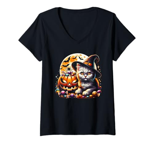 Damen Halloween Katze Kätzchen Hexe Mädchen T-Shirt mit V-Ausschnitt Damen Halloween Katze Kätzchen Hexe Mädchen T-Shirt mit V-Ausschnitt von Halloween Animal Outfits Girls Boys Kids