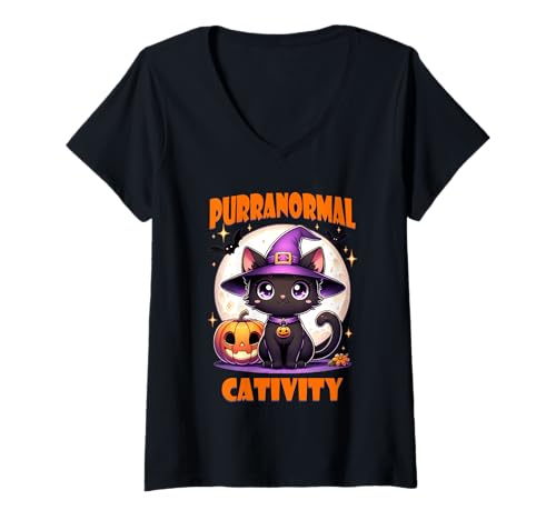 Damen Halloween Katze Kätzchen Hexe Purranormal Cativity Lazy Kostüm T-Shirt mit V-Ausschnitt Damen Halloween Katze Kätzchen Hexe Purranormal Cativity Lazy Kostüm T-Shirt mit V-Ausschnitt von Halloween Animal Outfits Girls Boys Kids