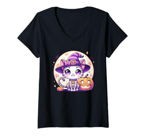 Damen Halloween Katze Kätzchen Hexe Skelett Niedlich Faule Kostüm T-Shirt mit V-Ausschnitt von Halloween Animal Outfits Girls Boys Kids