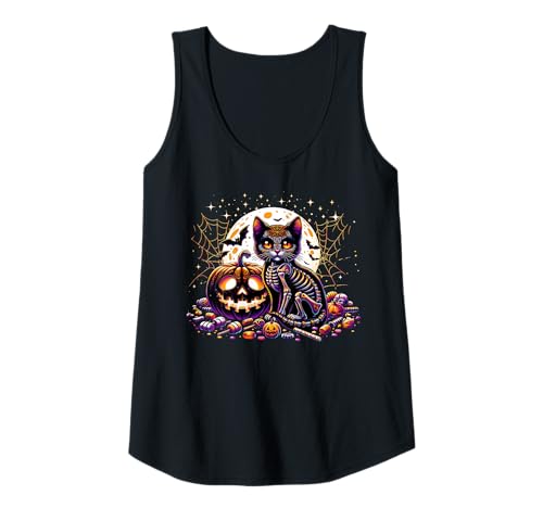 Damen Halloween Katze Kätzchen Skelett Faule Kostüm Tank Top von Halloween Animal Outfits Girls Boys Kids