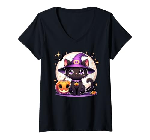 Damen Halloween Kitty Katze Hexenhut Kürbis Jack o Laterne Grafik T-Shirt mit V-Ausschnitt von Halloween Animal Outfits Girls Boys Kids