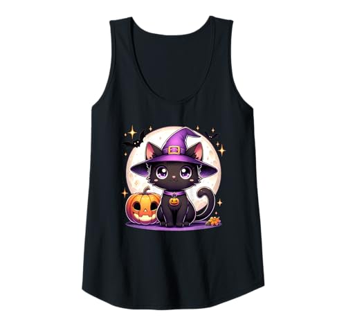 Damen Halloween Kitty Katze Hexenhut Kürbis Jack o Laterne Grafik Tank Top von Halloween Animal Outfits Girls Boys Kids