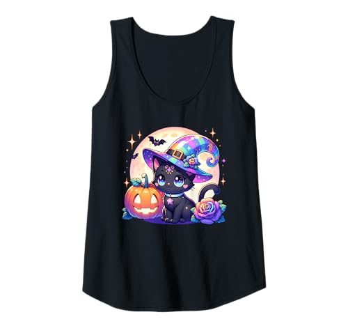 Damen Halloween Kitty Katze Hexenhut Kürbis Jack o Laterne Grafik Tank Top von Halloween Animal Outfits Girls Boys Kids