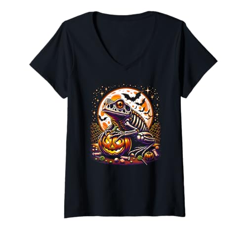 Damen Halloween Kröte Frosch Skelett Gruselig Kürbis Jack o Laterne T-Shirt mit V-Ausschnitt von Halloween Animal Outfits Girls Boys Kids