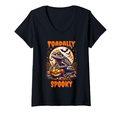 Damen Halloween Kröte Frosch Skelett Toadally Gruseliges Gruseltier T-Shirt mit V-Ausschnitt von Halloween Animal Outfits Girls Boys Kids