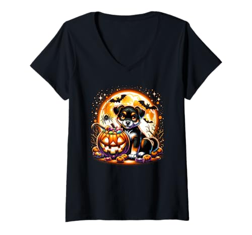 Damen Halloween Puppy Dog Gruseliger Kürbis Jack o Laterne Niedliche Mädchen T-Shirt mit V-Ausschnitt Damen Halloween Puppy Dog Gruseliger Kürbis Jack o Laterne Niedliche Mädchen T-Shirt mit V-Ausschnitt von Halloween Animal Outfits Girls Boys Kids