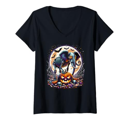 Damen Halloween Skelett Elefant Schädel T-Shirt mit V-Ausschnitt Damen Halloween Skelett Elefant Schädel T-Shirt mit V-Ausschnitt von Halloween Animal Outfits Girls Boys Kids