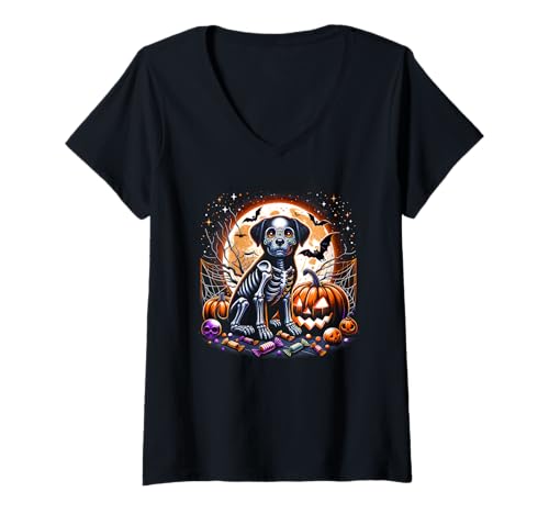 Damen Halloween Skelett Hund Gruseltier Mädchen Grafik T-Shirt mit V-Ausschnitt von Halloween Animal Outfits Girls Boys Kids