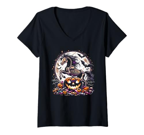 Damen Halloween Skelett Pferd T-Shirt mit V-Ausschnitt Damen Halloween Skelett Pferd T-Shirt mit V-Ausschnitt von Halloween Animal Outfits Girls Boys Kids