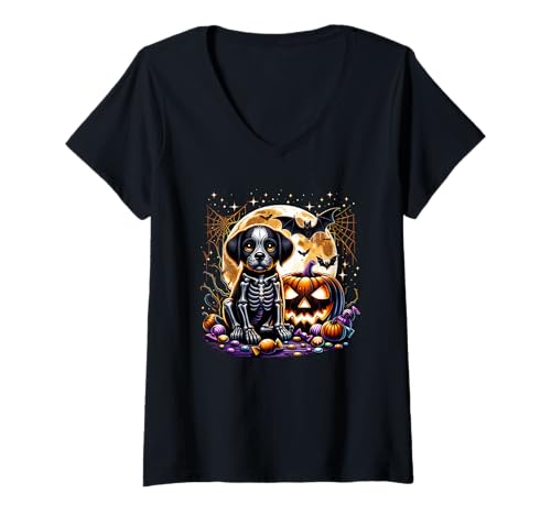 Damen Halloween Skelett Welpe Hund Gruseltier Mädchen Grafik T-Shirt mit V-Ausschnitt Damen Halloween Skelett Welpe Hund Gruseltier Mädchen Grafik T-Shirt mit V-Ausschnitt von Halloween Animal Outfits Girls Boys Kids