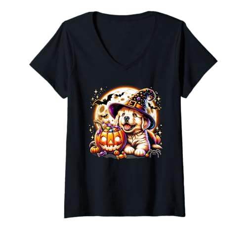 Damen Halloween Welpe Hund Hexe Kürbis Jack o Laterne Niedliche Mädchen T-Shirt mit V-Ausschnitt Damen Halloween Welpe Hund Hexe Kürbis Jack o Laterne Niedliche Mädchen T-Shirt mit V-Ausschnitt von Halloween Animal Outfits Girls Boys Kids