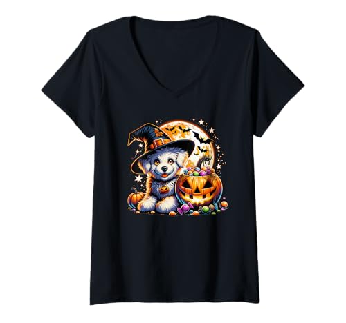 Damen Halloween-Welpe Hund Hexe Mädchen Grafik T-Shirt mit V-Ausschnitt von Halloween Animal Outfits Girls Boys Kids
