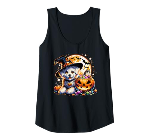 Damen Halloween-Welpe Hund Hexe Mädchen Grafik Tank Top von Halloween Animal Outfits Girls Boys Kids