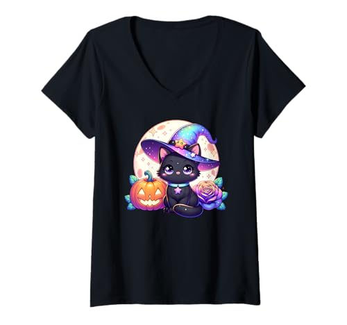 Damen Katze Hexe süßes Kätzchen Halloween T-Shirt mit V-Ausschnitt von Halloween Animal Outfits Girls Boys Kids