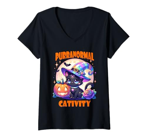 Damen Katze Hexe süßes Kätzchen Halloween T-Shirt mit V-Ausschnitt Damen Katze Hexe süßes Kätzchen Halloween T-Shirt mit V-Ausschnitt von Halloween Animal Outfits Girls Boys Kids