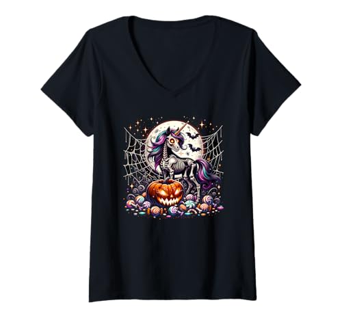 Damen Mädchen Halloween Einhorn Skelett Grafik T-Shirt mit V-Ausschnitt Damen Mädchen Halloween Einhorn Skelett Grafik T-Shirt mit V-Ausschnitt von Halloween Animal Outfits Girls Boys Kids