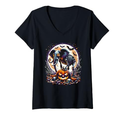 Damen Mädchen Halloween Skelett Schädel Elefant Gruselige Tier Grafik T-Shirt mit V-Ausschnitt Damen Mädchen Halloween Skelett Schädel Elefant Gruselige Tier Grafik T-Shirt mit V-Ausschnitt von Halloween Animal Outfits Girls Boys Kids