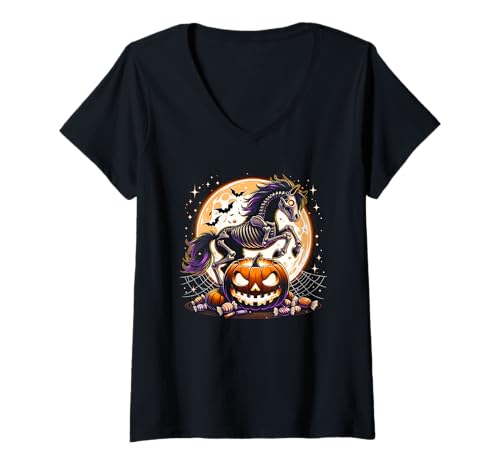 Damen Mädchen Halloween Skelett Schädel Pferd Tier Grafik T-Shirt mit V-Ausschnitt Damen Mädchen Halloween Skelett Schädel Pferd Tier Grafik T-Shirt mit V-Ausschnitt von Halloween Animal Outfits Girls Boys Kids