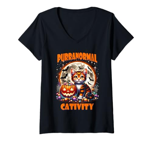 Damen Purranormal Cativity Halloween Katze Kätzchen Jack o Laterne T-Shirt mit V-Ausschnitt Damen Purranormal Cativity Halloween Katze Kätzchen Jack o Laterne T-Shirt mit V-Ausschnitt von Halloween Animal Outfits Girls Boys Kids