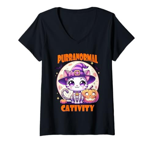 Damen Skelett Hexe Katze Kätzchen Halloween Purranornal Cativity T-Shirt mit V-Ausschnitt Damen Skelett Hexe Katze Kätzchen Halloween Purranornal Cativity T-Shirt mit V-Ausschnitt von Halloween Animal Outfits Girls Boys Kids