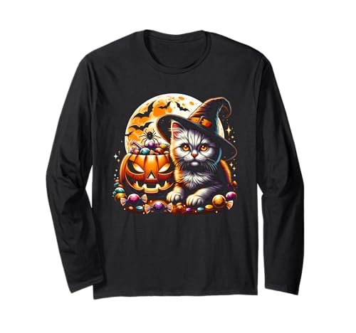 Halloween Hexe Katze Kätzchen Gruseltier Mädchen Grafik Langarmshirt Halloween Hexe Katze Kätzchen Gruseltier Mädchen Grafik Langarmshirt von Halloween Animal Outfits Girls Boys Kids