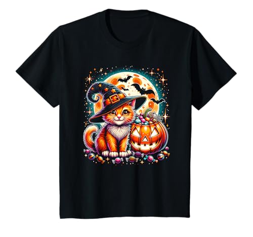 Halloween Orange Katze Kätzchen Hexe Mädchen Grafik T-Shirt von Halloween Animal Outfits Girls Boys Kids