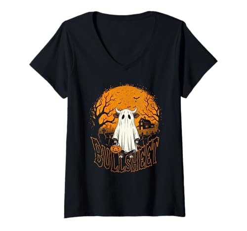 Damen Bullsheet Highland Cow Ghost Halloween Lustiges Wortspiel T-Shirt mit V-Ausschnitt Damen Bullsheet Highland Cow Ghost Halloween Lustiges Wortspiel T-Shirt mit V-Ausschnitt von Halloween Animals Lazy Costumes by NLTS