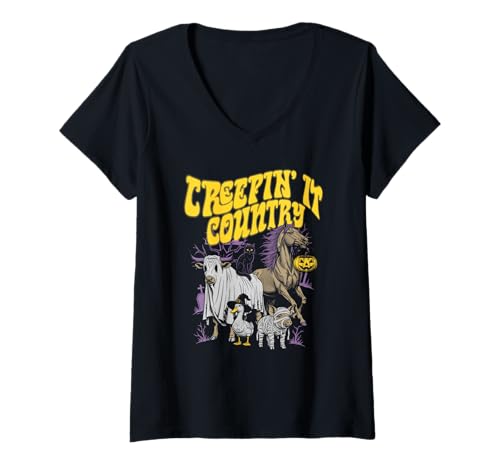 Damen Creepin' It Country Gruseliges Bauernhoftier Halloween Kunst T-Shirt mit V-Ausschnitt Damen Creepin' It Country Gruseliges Bauernhoftier Halloween Kunst T-Shirt mit V-Ausschnitt von Halloween Animals Lazy Costumes by NLTS