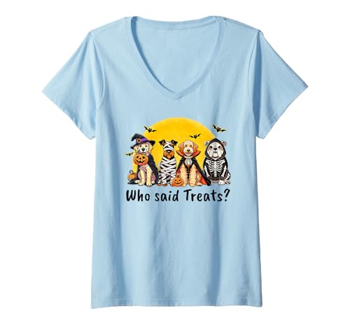 Damen Who Said Treats Lustiges Halloween-Hunde-Design T-Shirt mit V-Ausschnitt Damen Who Said Treats Lustiges Halloween-Hunde-Design T-Shirt mit V-Ausschnitt von Halloween Animals Lazy Costumes by NLTS