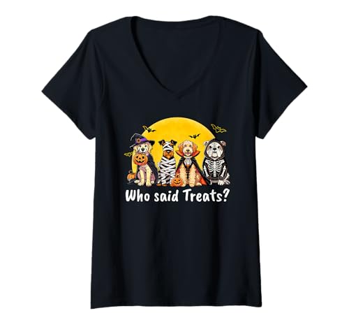 Damen Who Said Treats Lustiges Halloween-Hunde-Design T-Shirt mit V-Ausschnitt Damen Who Said Treats Lustiges Halloween-Hunde-Design T-Shirt mit V-Ausschnitt von Halloween Animals Lazy Costumes by NLTS