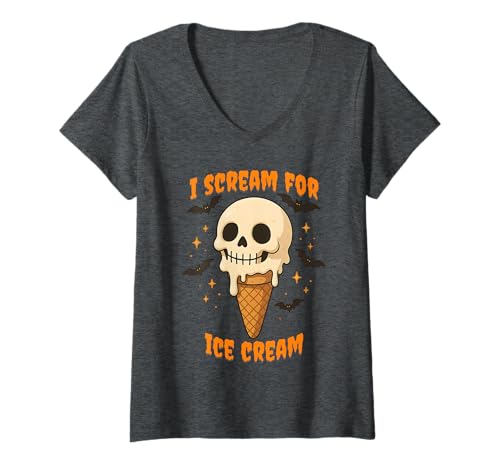 Damen Gruselige Halloween-Grafik mit Totenkopf „I Scream for Ice Cream for Ice Cream“ T-Shirt mit V-Ausschnitt von Halloween Apparel Outfits Kids Adults