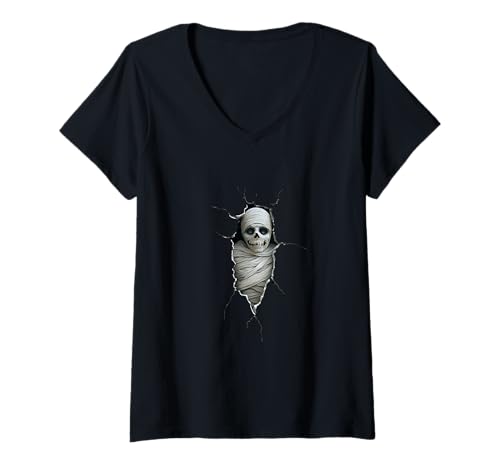 Damen Peeking Scary Mummy - Gruselige Halloween-Mumie T-Shirt mit V-Ausschnitt Damen Peeking Scary Mummy - Gruselige Halloween-Mumie T-Shirt mit V-Ausschnitt von Halloween Apparel