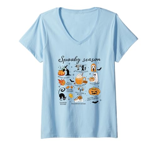 Damen Gruseliger Herbst-Kürbis-Geist, gemütliche Halloween-Vibes T-Shirt mit V-Ausschnitt Damen Gruseliger Herbst-Kürbis-Geist, gemütliche Halloween-Vibes T-Shirt mit V-Ausschnitt von Halloween Autumn Cozy Vibes Aesthetic