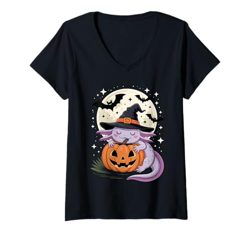 Damen Halloween Axolotl Hexenhut Kürbis Gruselig T-Shirt mit V-Ausschnitt Damen Halloween Axolotl Hexenhut Kürbis Gruselig T-Shirt mit V-Ausschnitt von Halloween Axolotl Pumpkins Costumes Tee