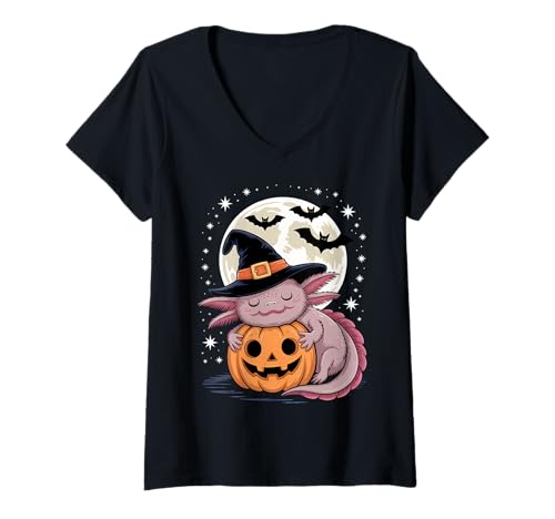 Damen Halloween Axolotl Hexenhut Kürbis Gruselig T-Shirt mit V-Ausschnitt Damen Halloween Axolotl Hexenhut Kürbis Gruselig T-Shirt mit V-Ausschnitt von Halloween Axolotl Pumpkins Costumes Tees